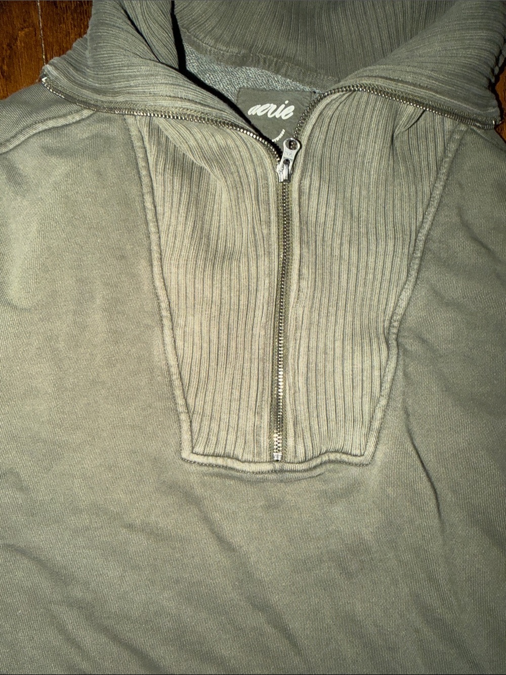 Women’s Olive Quarter-Zip Ribbed Funnel Neck Sweatshirt aerie - Picture 2 of 4
